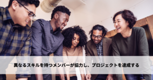 異なる視点やスキルを持つメンバーが協力して、問題の解決やプロジェクトの達成する