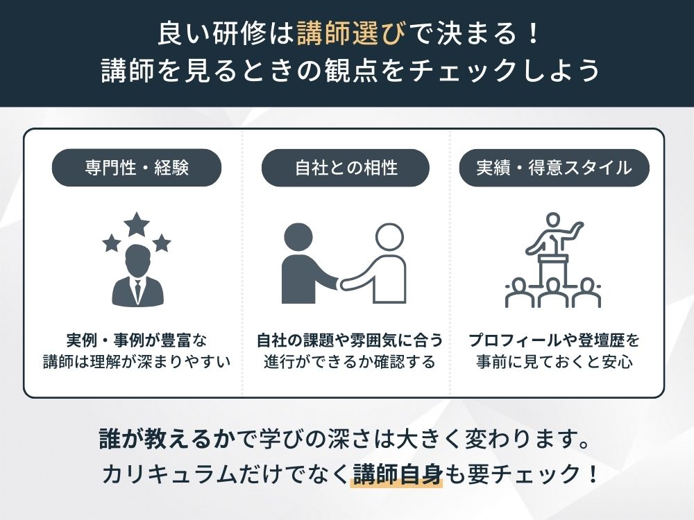コンプライアンス研修の選び方、講師の特徴や実績で選ぶ