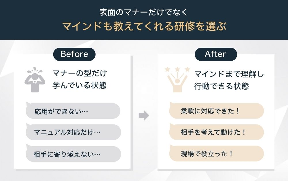 表面のマナーだけでなくマインドも教えてくれる研修を選ぶ